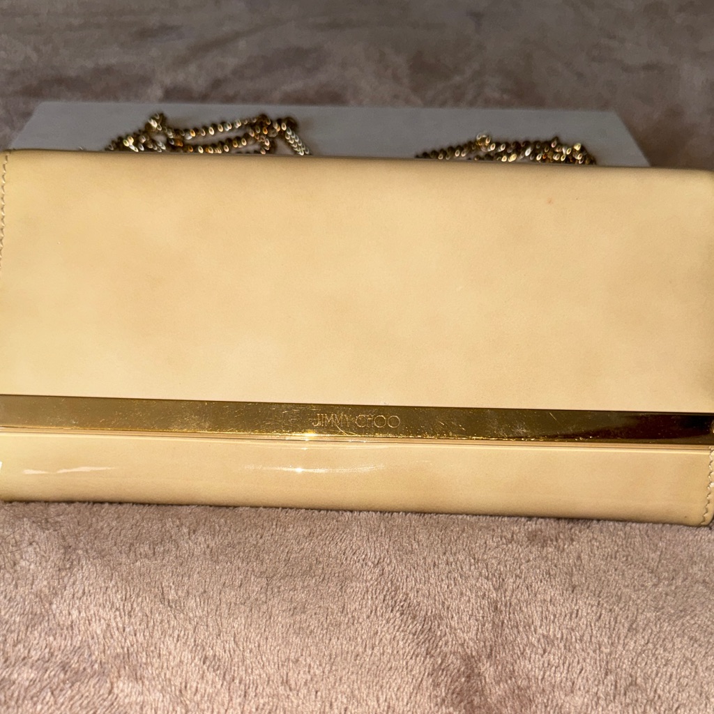 Jimmy Choo Pale Cream Patent Leather Chain Clutch With Gold Trim